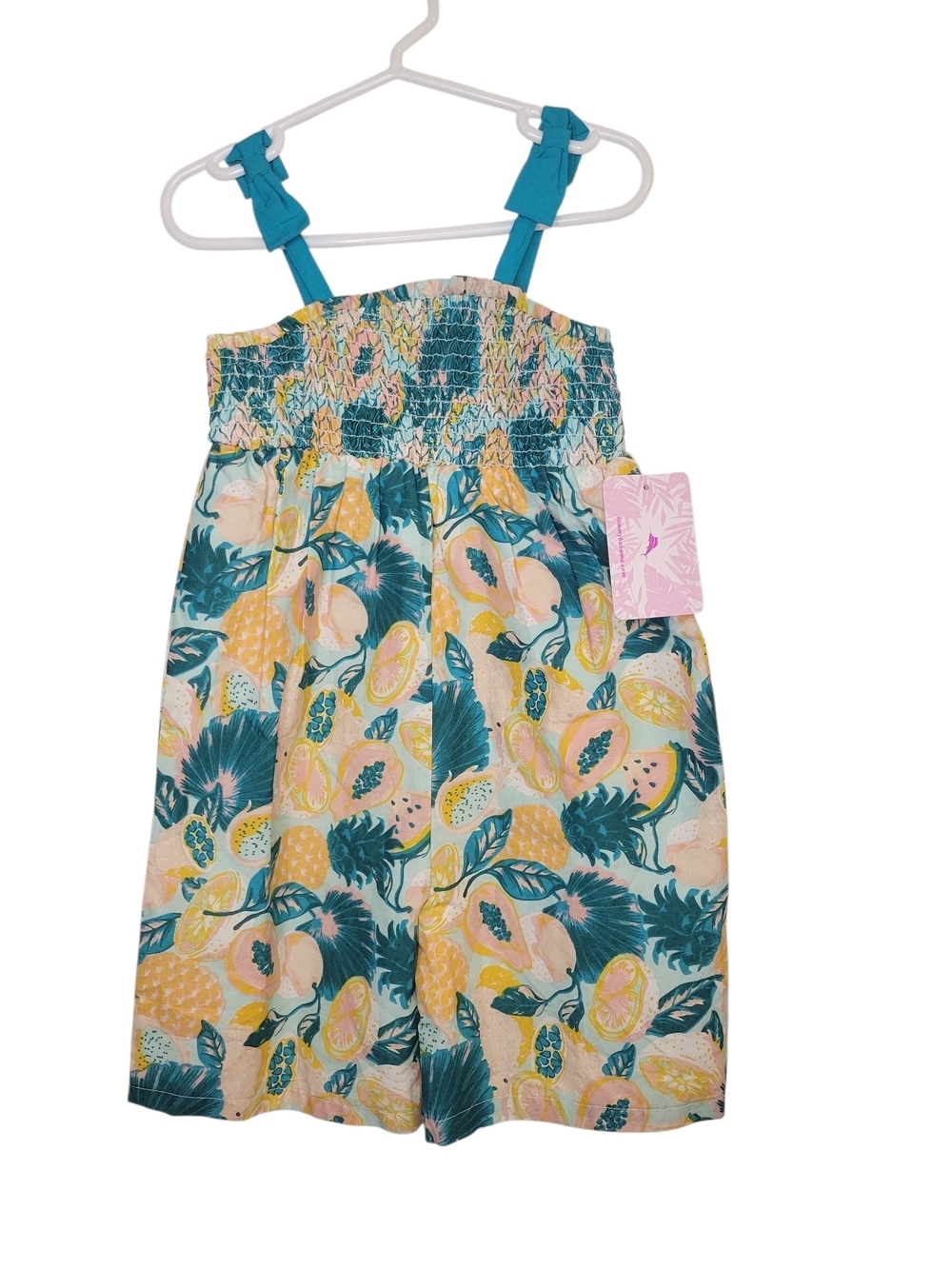 Tommy Bahama Girls Tropical Fruit Smocked Romper in Teal, Yellow & Peach